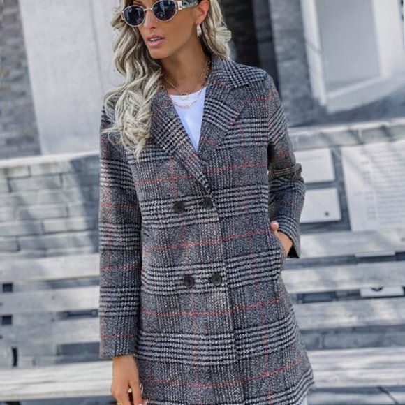 Plaid double breasted trench pea coat preppy tweed - Picture 4 of 11